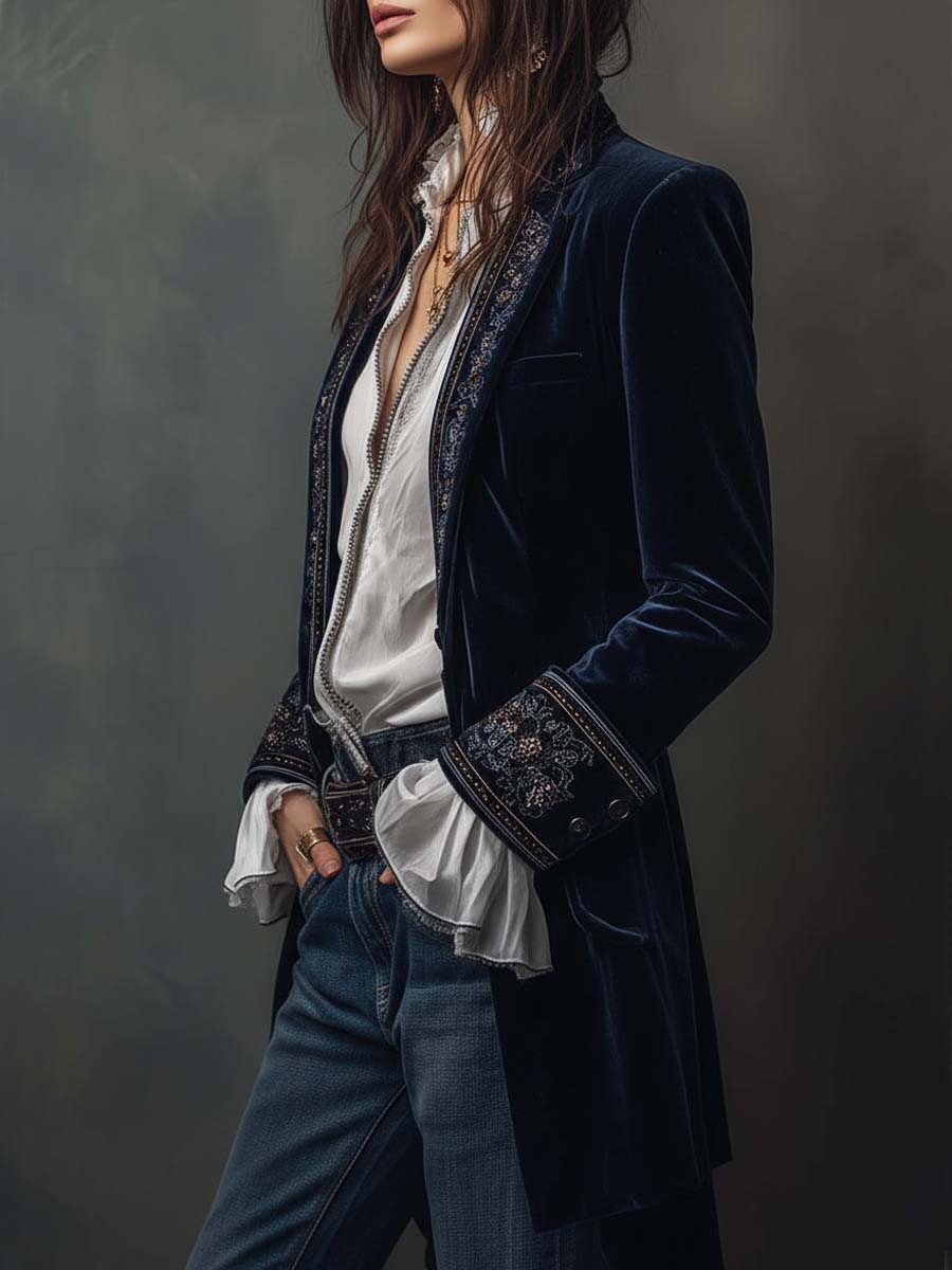 Margaret™ | Long Embroidered Velvet Jacket