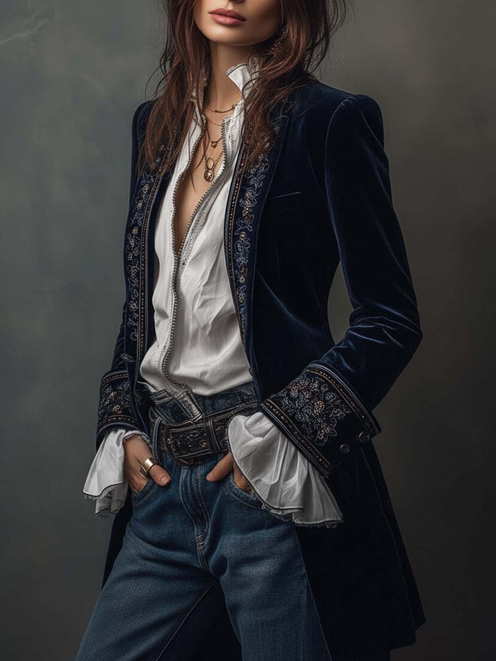 Margaret™ | Long Embroidered Velvet Jacket
