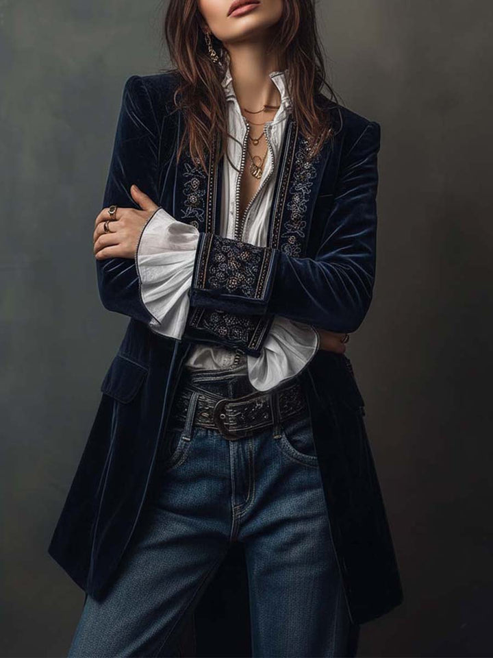 Margaret™ | Long Embroidered Velvet Jacket