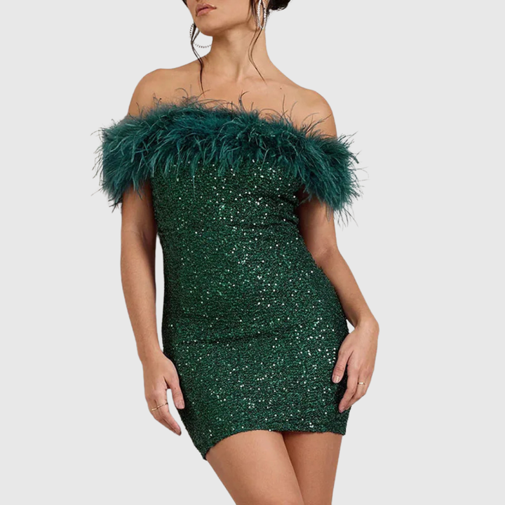 Sheila™ | Elegant Off-Shoulder Glitter Dress