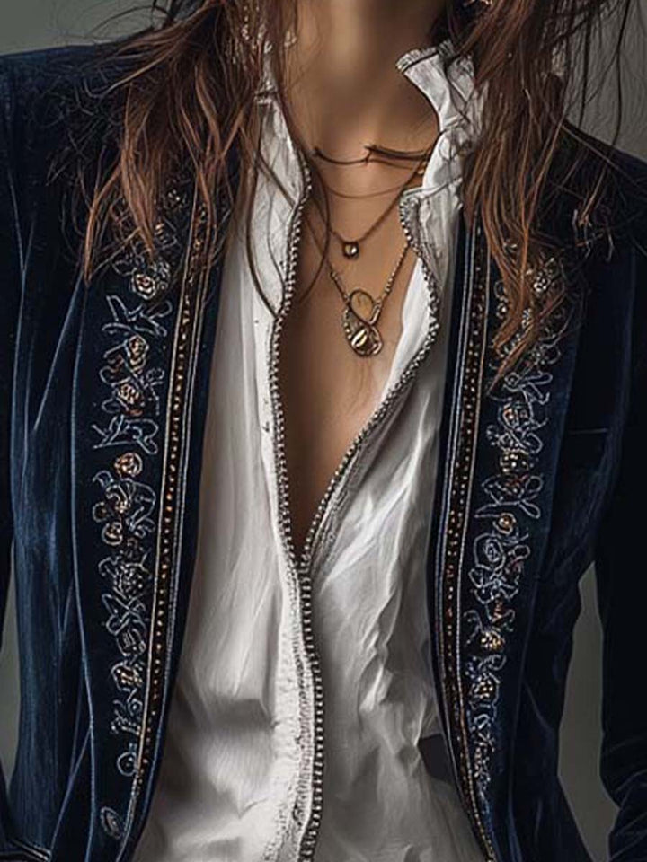 Margaret™ | Long Embroidered Velvet Jacket