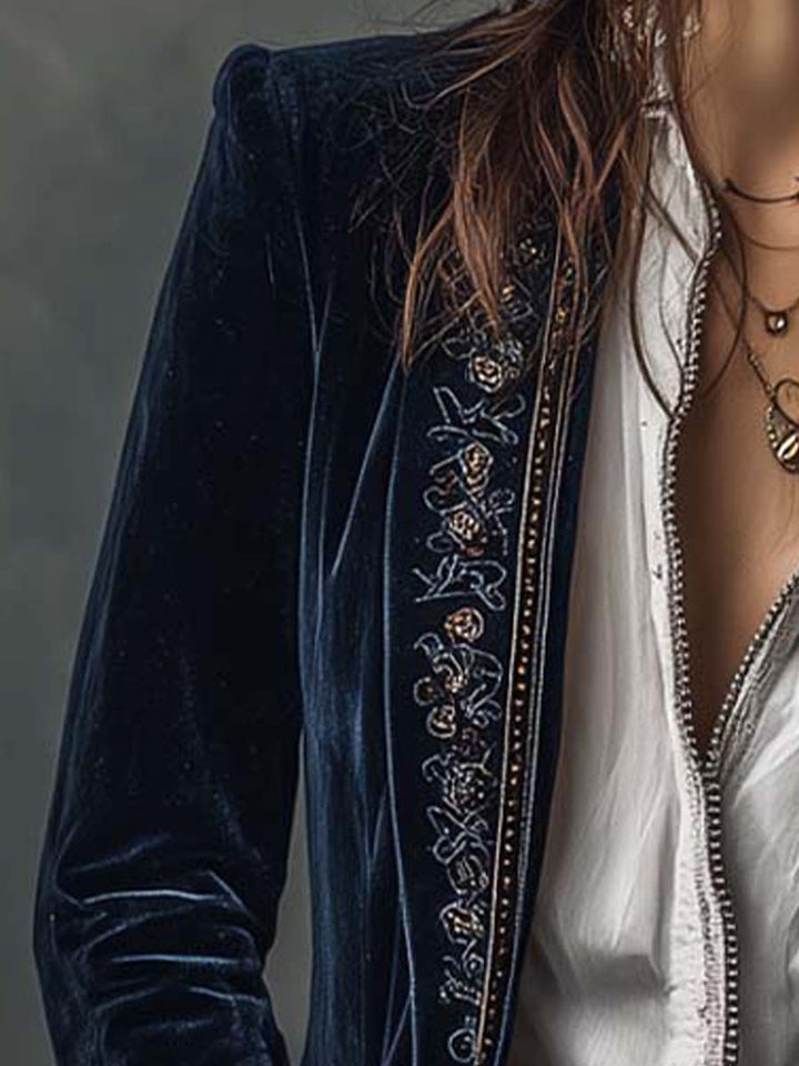 Margaret™ | Long Embroidered Velvet Jacket