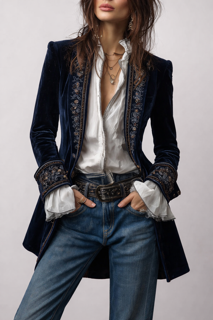 Margaret™ | Long Embroidered Velvet Jacket