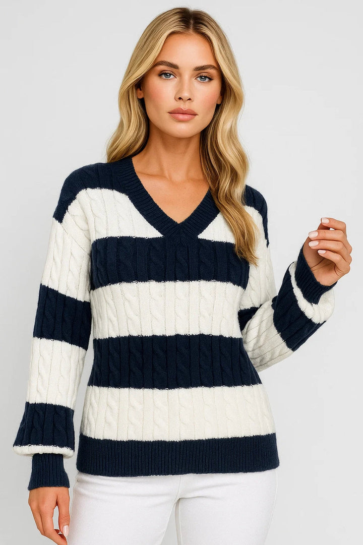 Moira™ | V-Neck Cable-Knit Striped Sweater