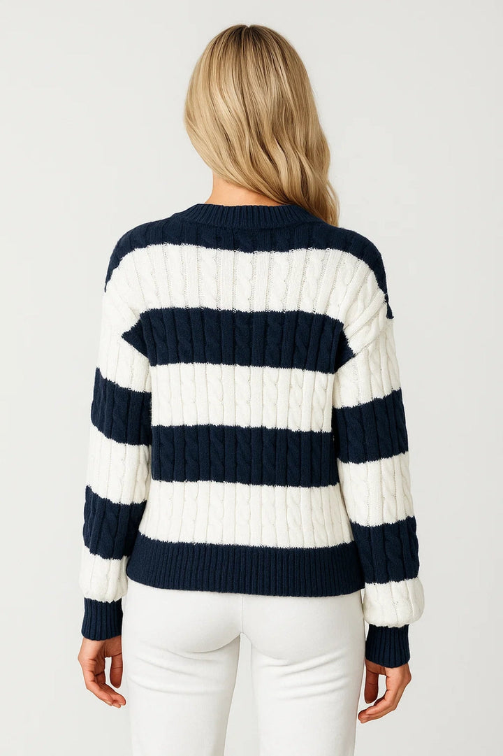 Moira™ | V-Neck Cable-Knit Striped Sweater