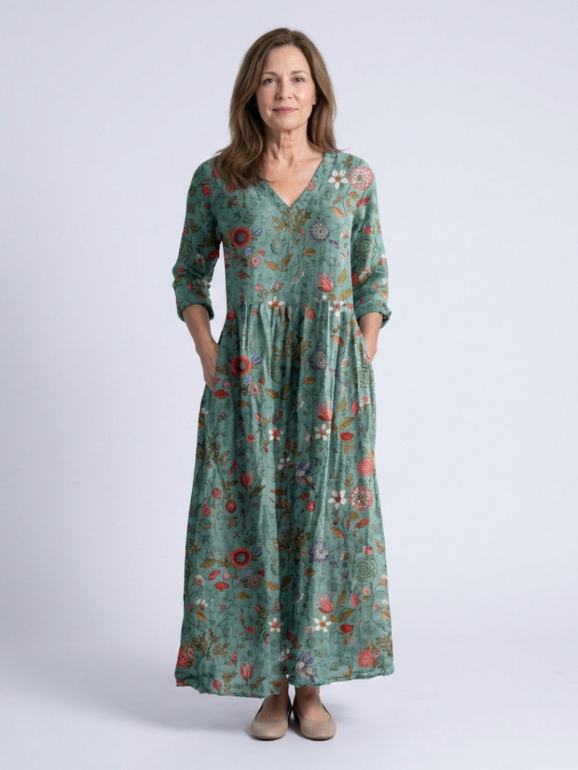 Sylvia™ | Floral V Neck Three Quarter Sleeve Maxi Dress