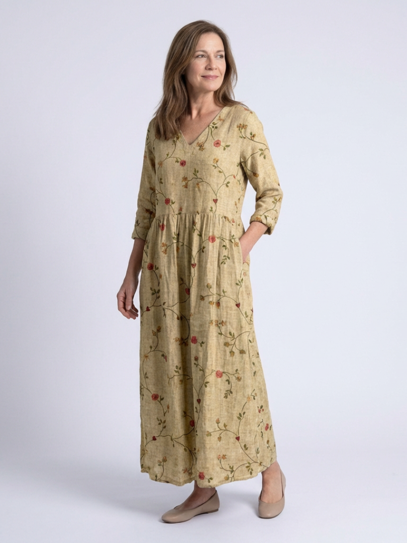 Sylvia™ | Floral V Neck Three Quarter Sleeve Maxi Dress