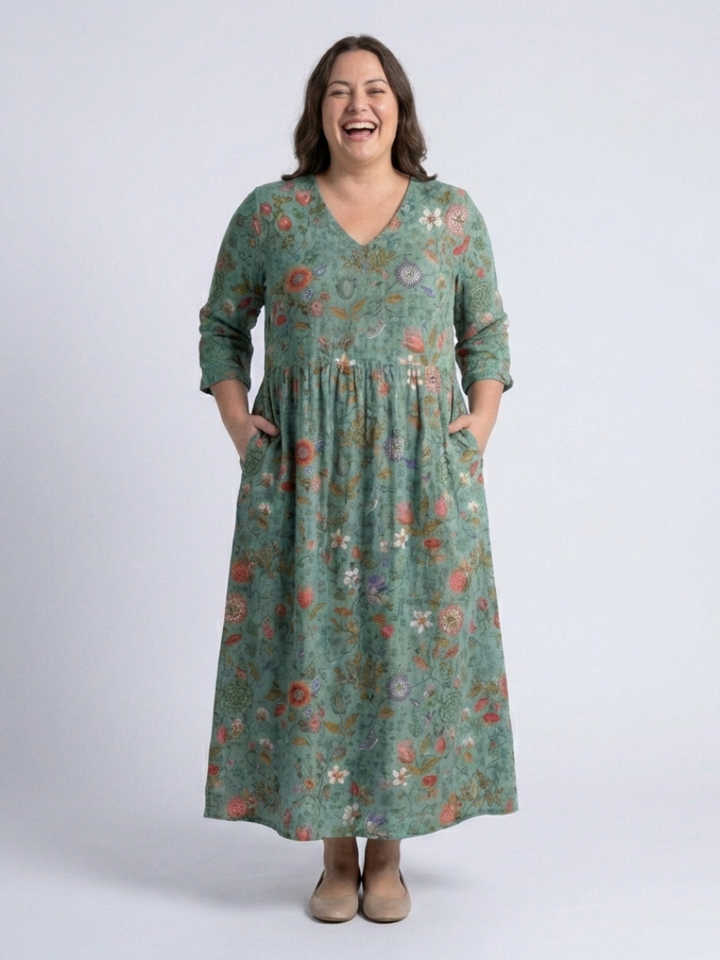 Sylvia™ | Floral V Neck Three Quarter Sleeve Maxi Dress