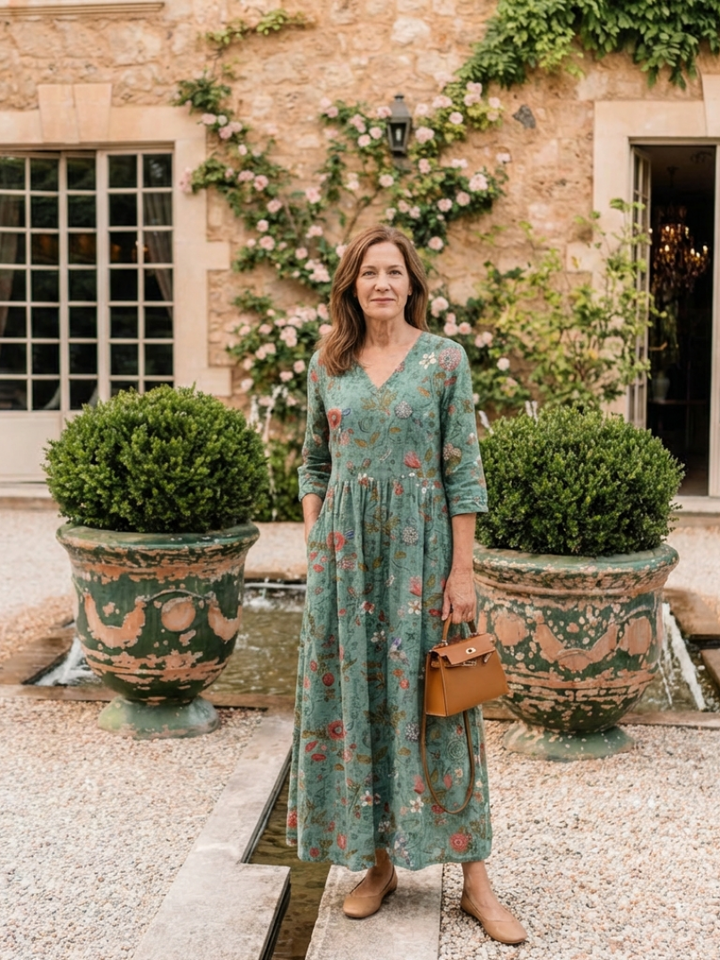 Sylvia™ | Floral V Neck Three Quarter Sleeve Maxi Dress