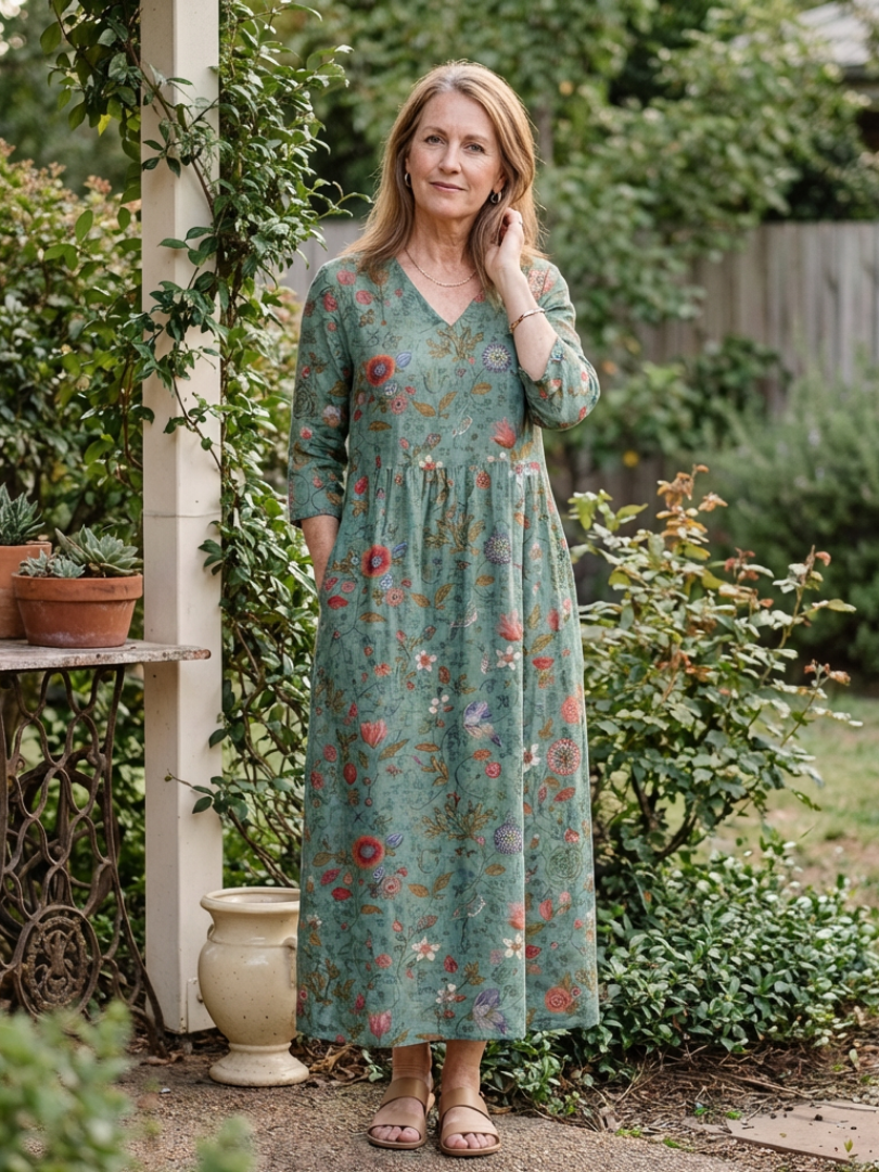 Sylvia™ | Floral V Neck Three Quarter Sleeve Maxi Dress
