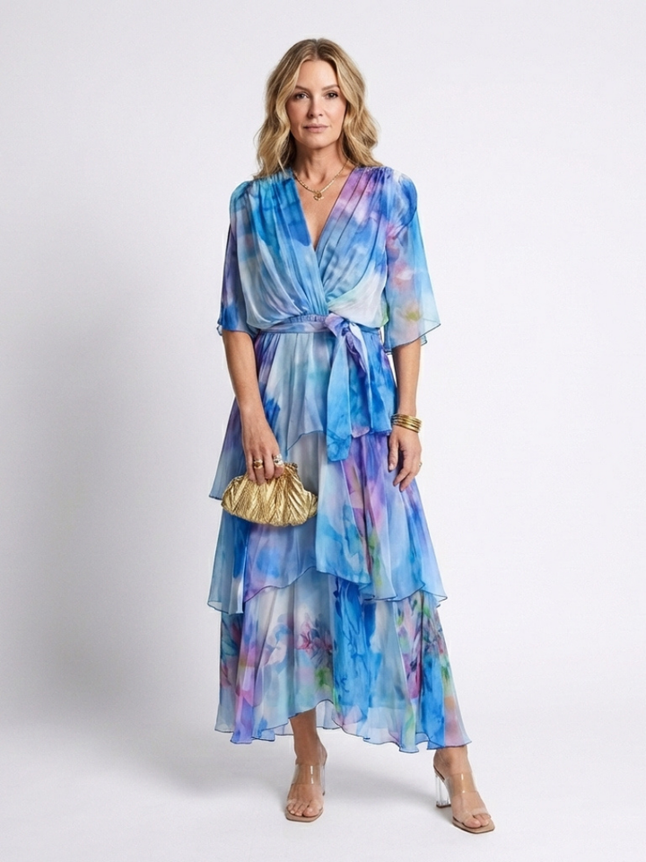 Rosemary™ | Sheer Layered V Neck Tie Waist Maxi Dress