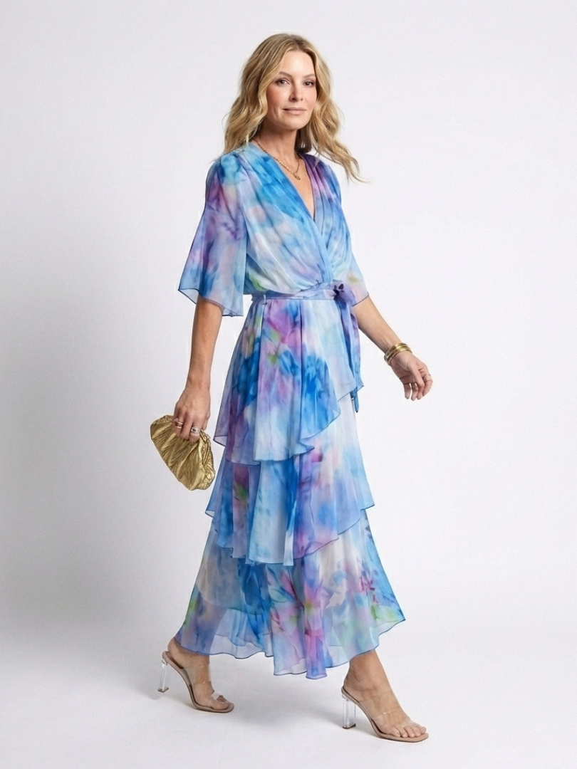 Rosemary™ | Sheer Layered V Neck Tie Waist Maxi Dress