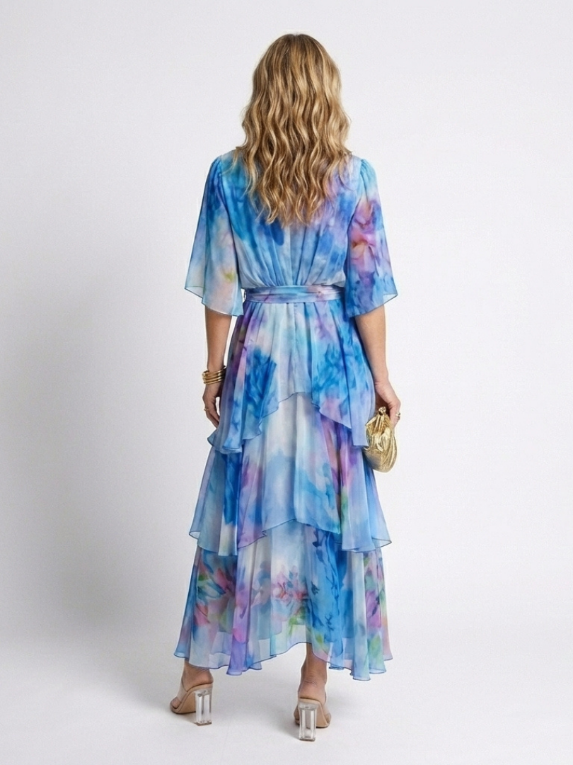 Rosemary™ | Sheer Layered V Neck Tie Waist Maxi Dress