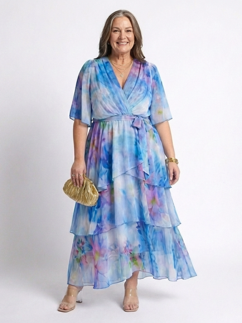 Rosemary™ | Sheer Layered V Neck Tie Waist Maxi Dress