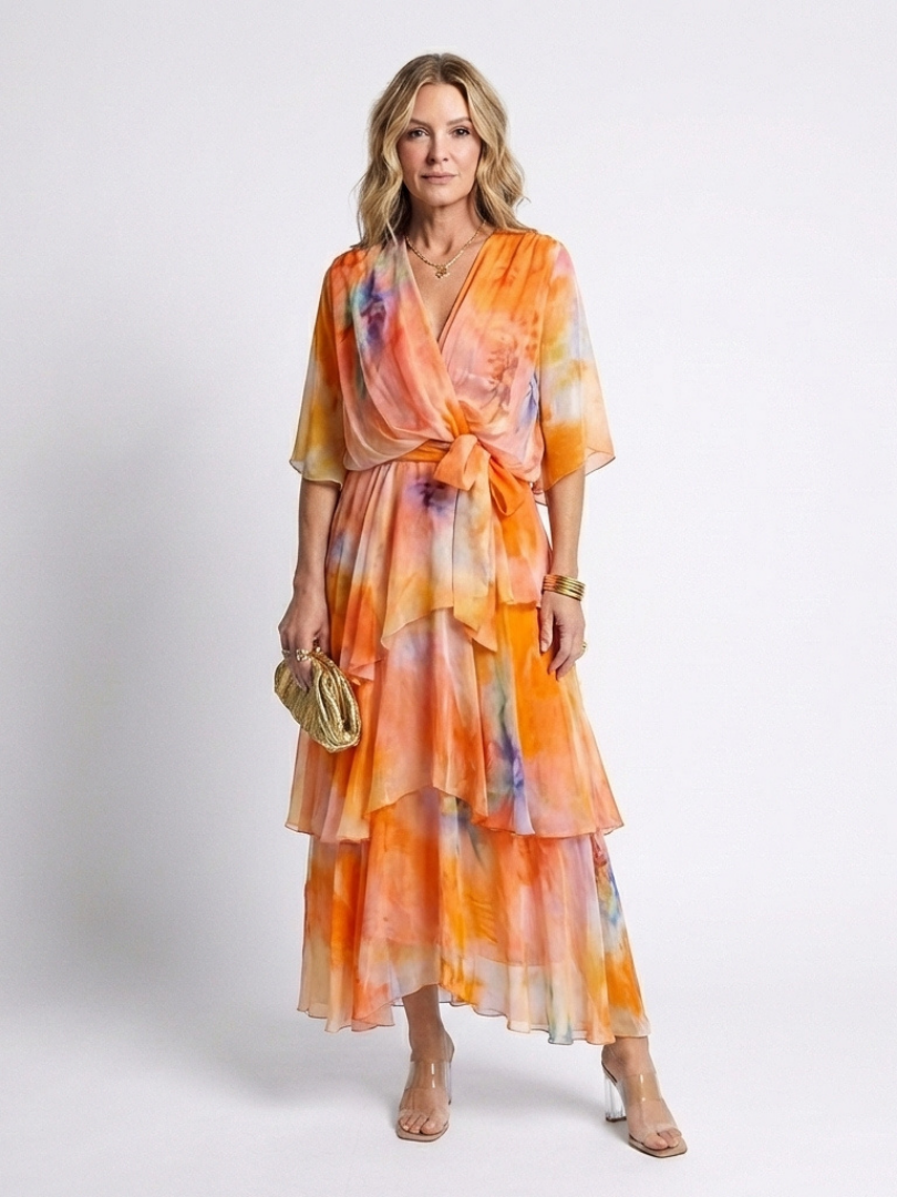 Rosemary™ | Sheer Layered V Neck Tie Waist Maxi Dress