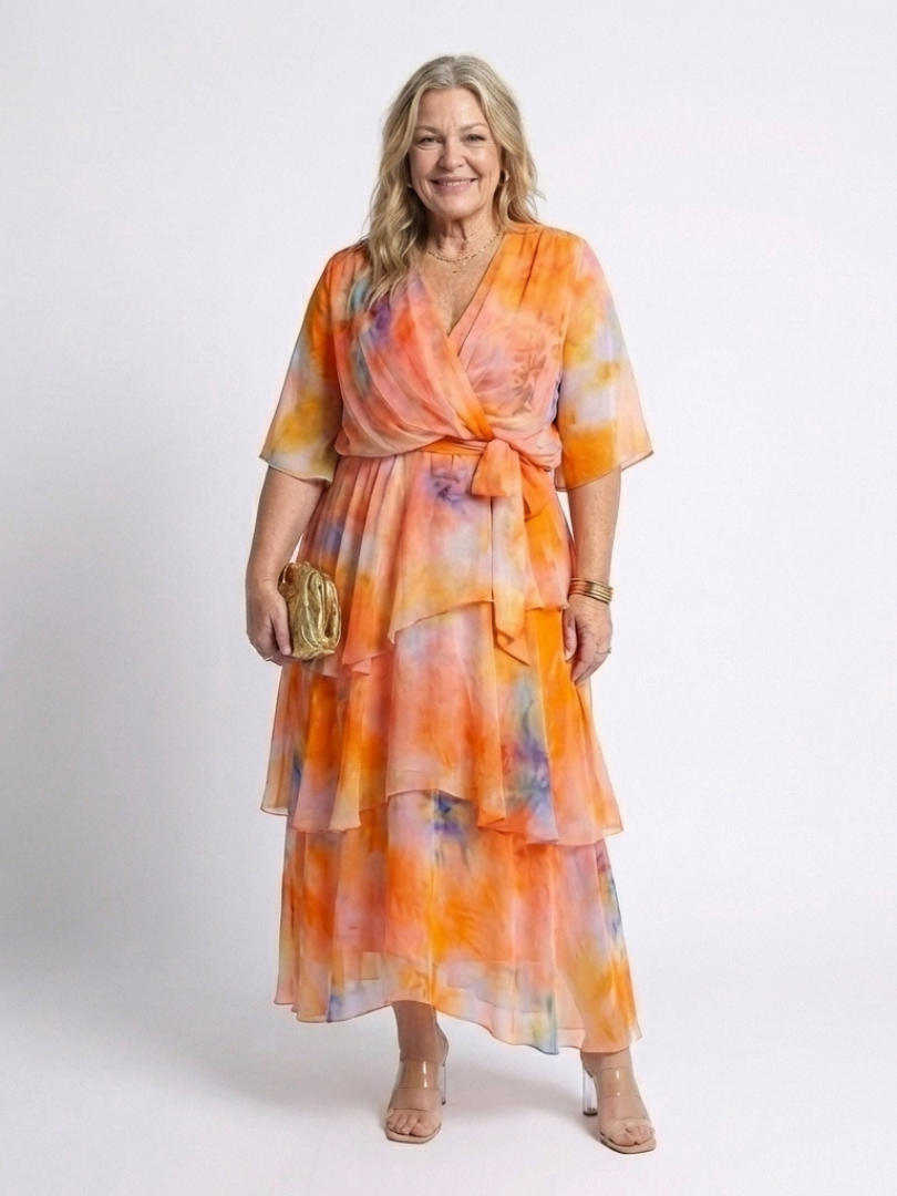 Rosemary™ | Sheer Layered V Neck Tie Waist Maxi Dress