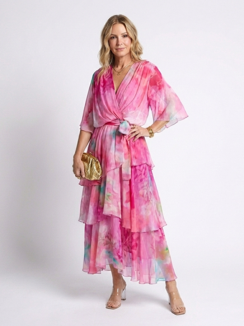 Rosemary™ | Sheer Layered V Neck Tie Waist Maxi Dress