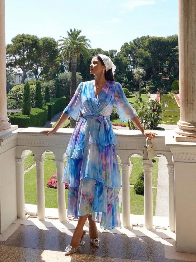 Rosemary™ | Sheer Layered V Neck Tie Waist Maxi Dress