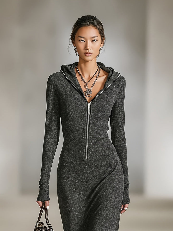 Helen™ | Hooded Long-Sleeve Tunic Dress with Zipper Detail