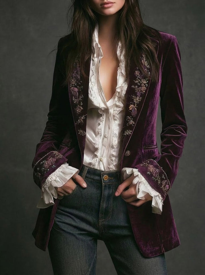 Margaret™ | Long Embroidered Velvet Jacket