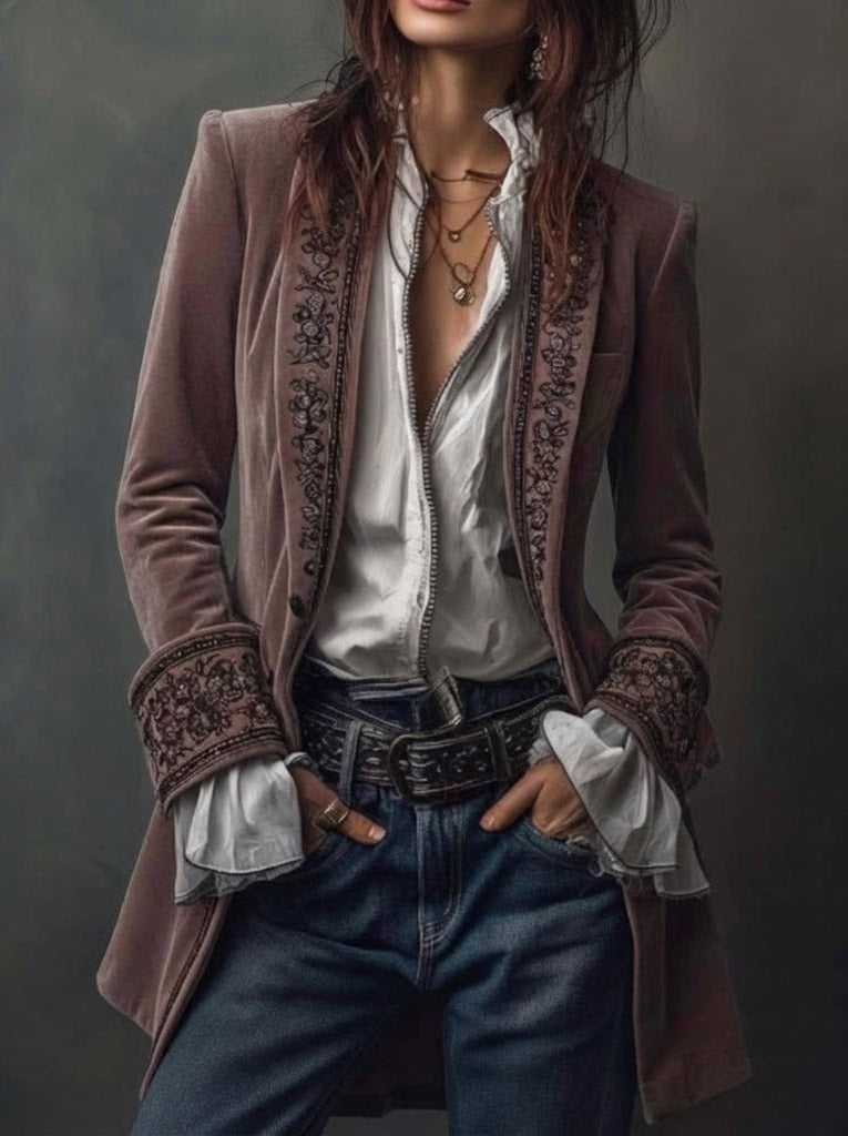 Margaret™ | Long Embroidered Velvet Jacket