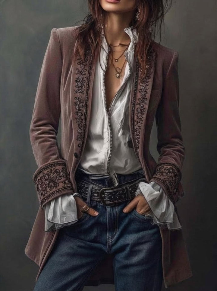 Margaret™ | Long Embroidered Velvet Jacket