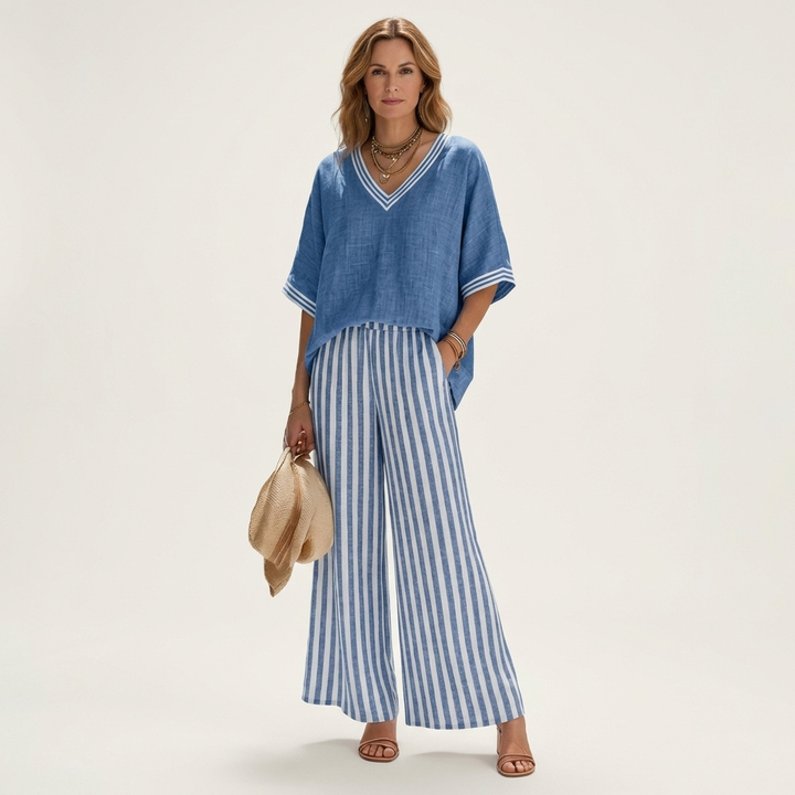 Elaine™ | V-Neck Varsity Top and Stripe Wide-Leg Set