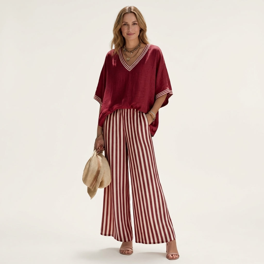Elaine™ | V-Neck Varsity Top and Stripe Wide-Leg Set