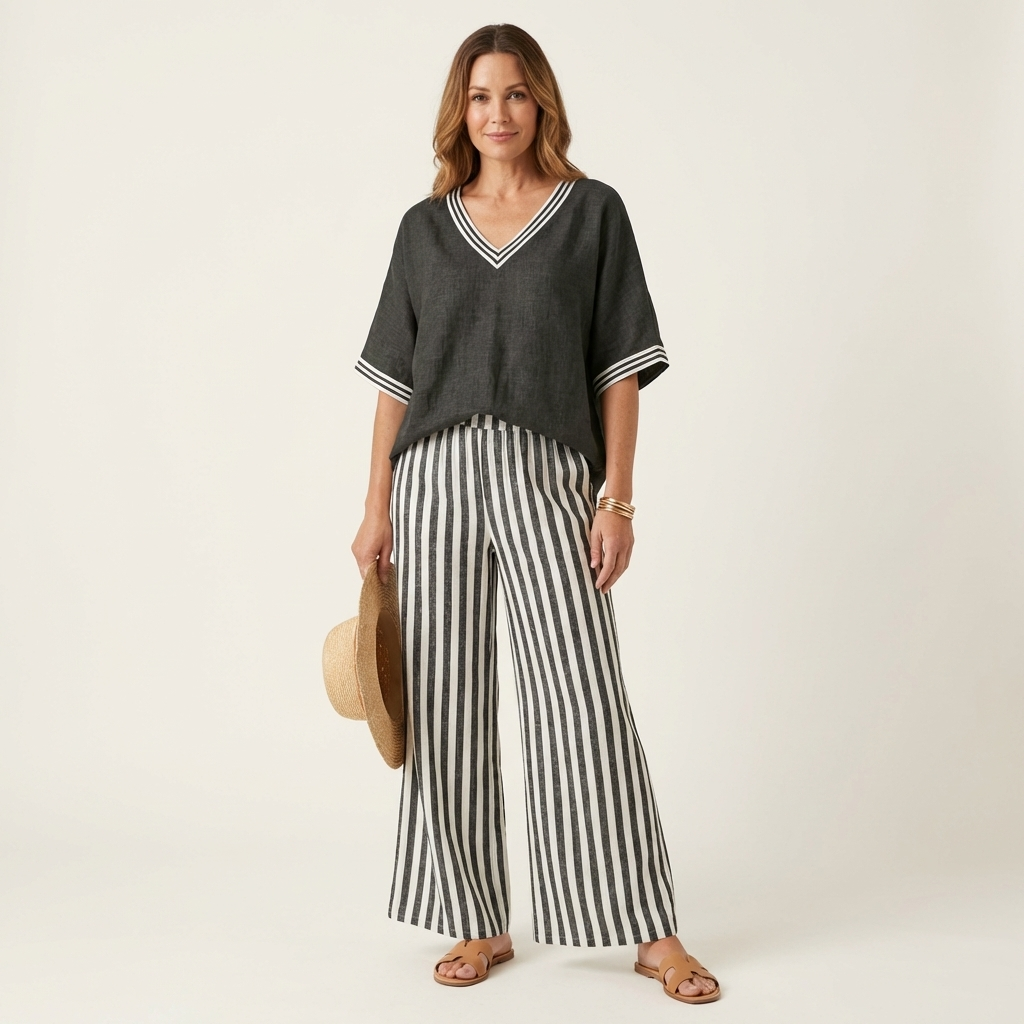 Elaine™ | V-Neck Varsity Top and Stripe Wide-Leg Set