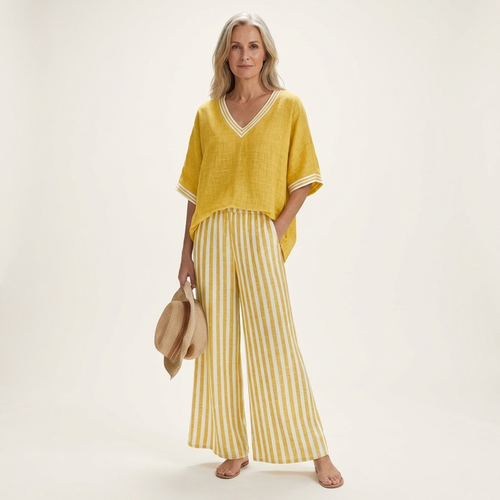 Elaine™ | V-Neck Varsity Top and Stripe Wide-Leg Set