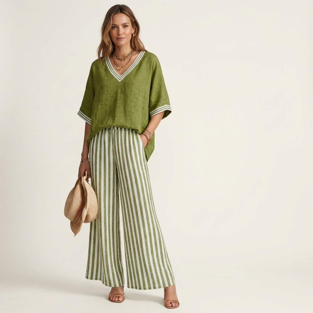Elaine™ | V-Neck Varsity Top and Stripe Wide-Leg Set