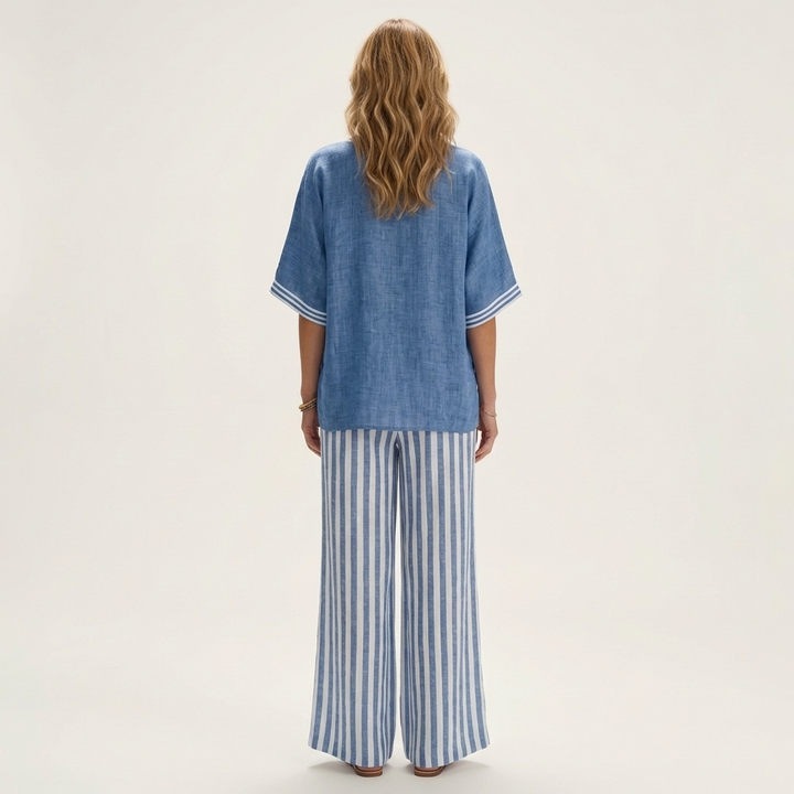 Elaine™ | V-Neck Varsity Top and Stripe Wide-Leg Set