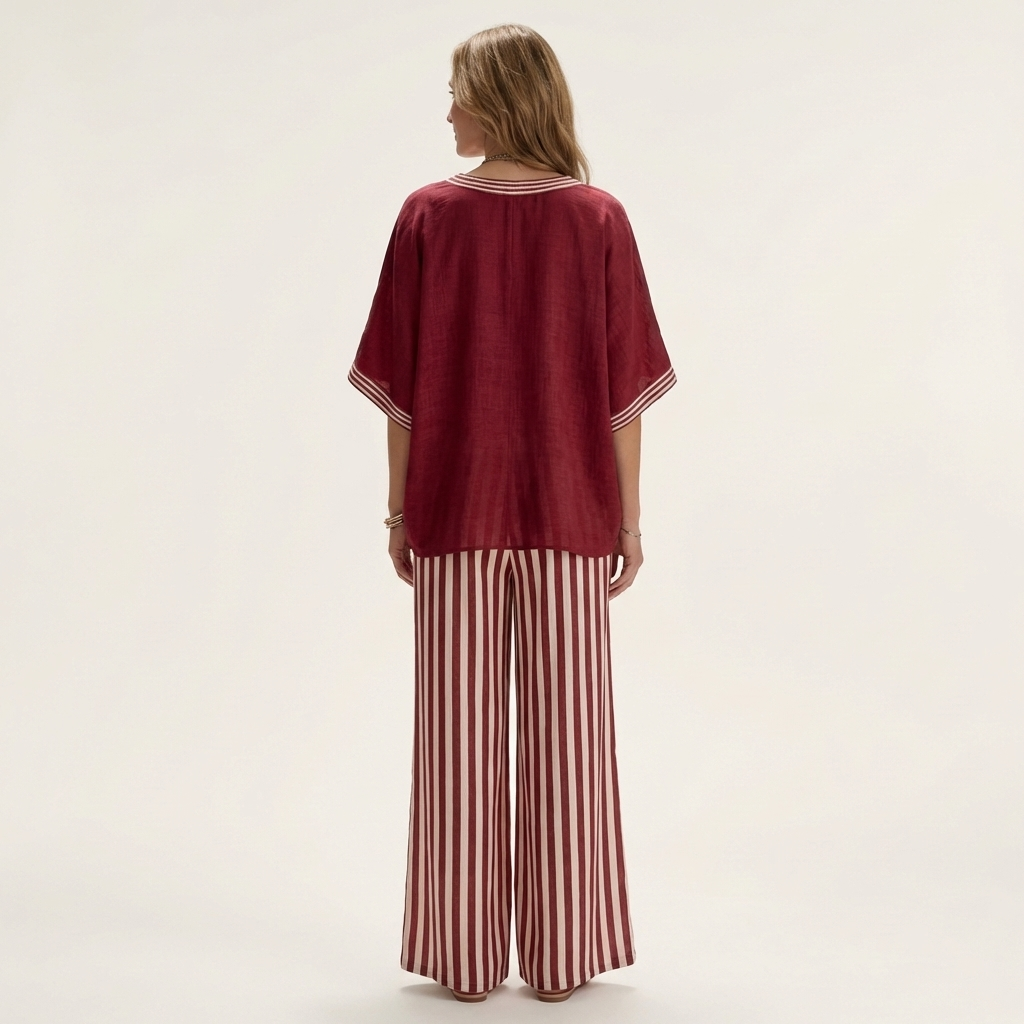 Elaine™ | V-Neck Varsity Top and Stripe Wide-Leg Set