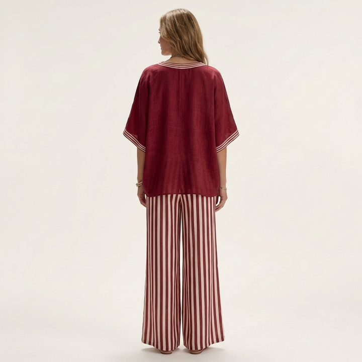 Elaine™ | V-Neck Varsity Top and Stripe Wide-Leg Set