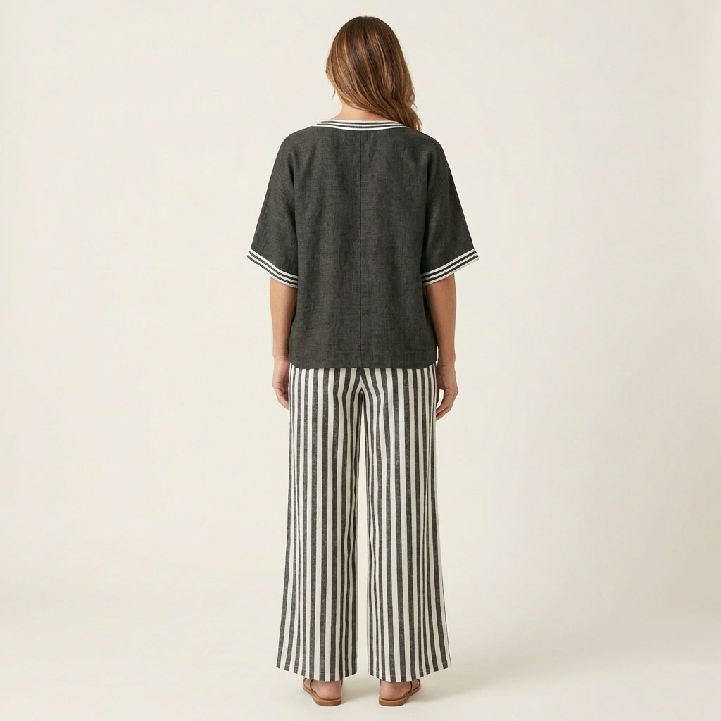 Elaine™ | V-Neck Varsity Top and Stripe Wide-Leg Set