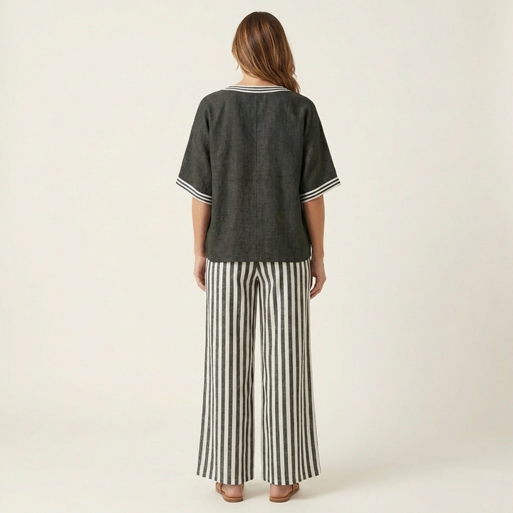 Elaine™ | V-Neck Varsity Top and Stripe Wide-Leg Set