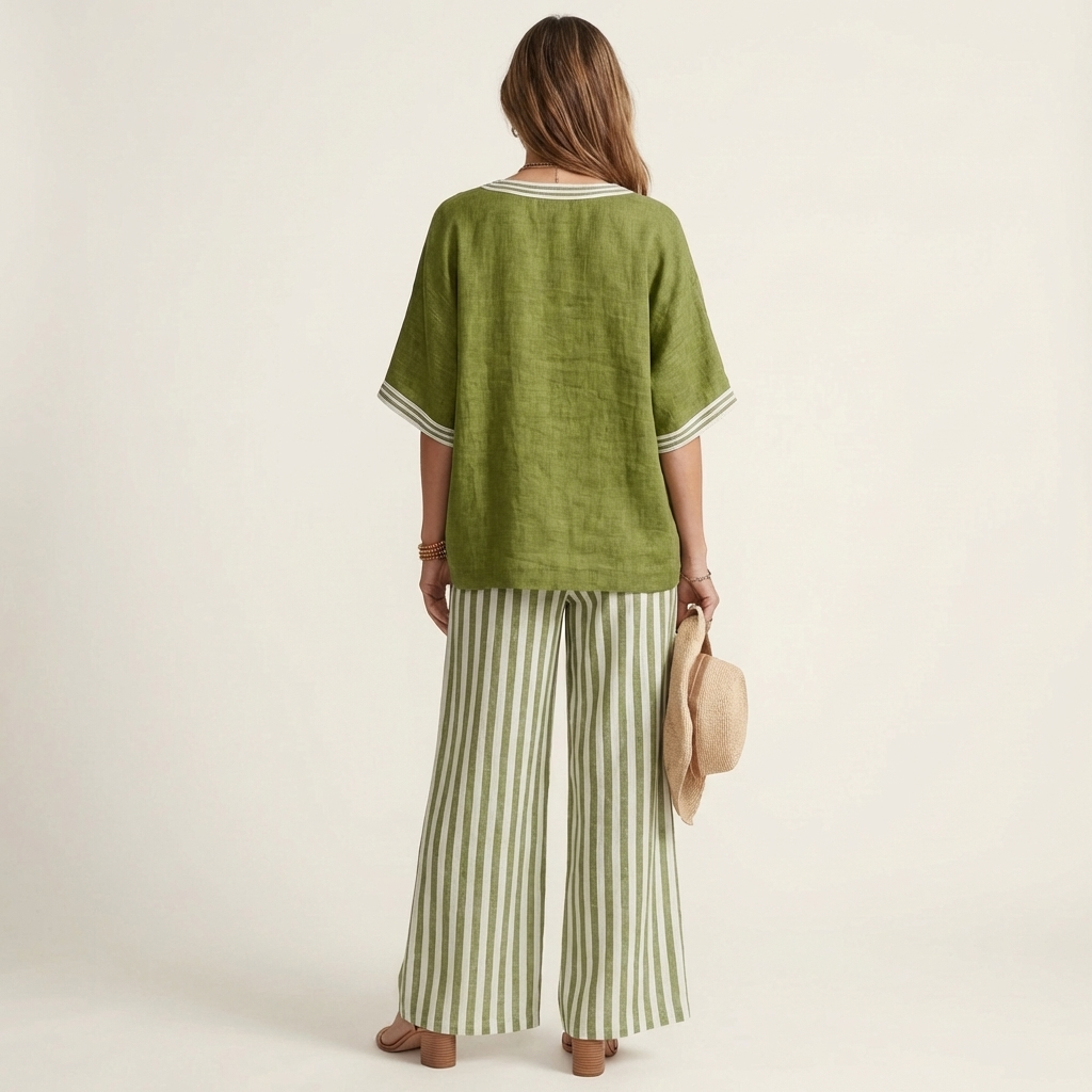 Elaine™ | V-Neck Varsity Top and Stripe Wide-Leg Set