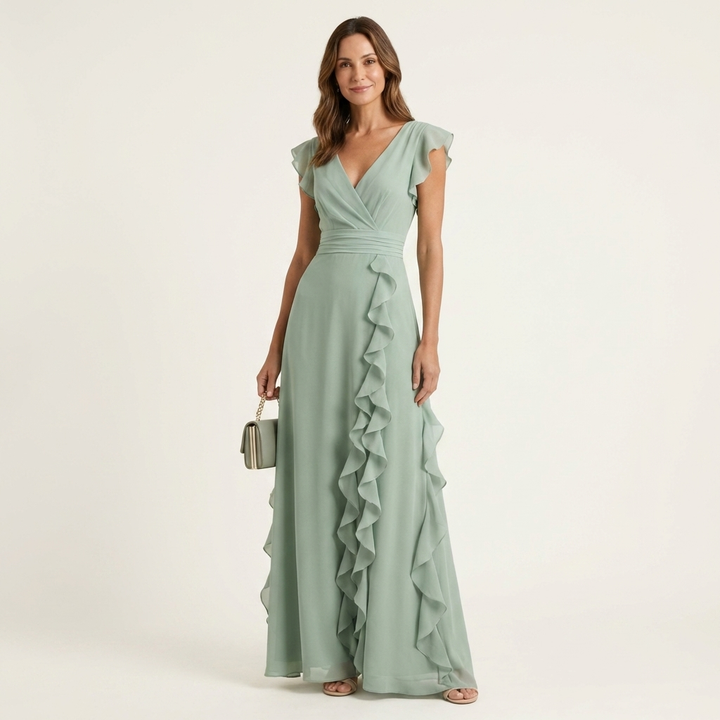 Carol™ | Wrap-Style V-Neck Flutter-Sleeve Maxi Dress